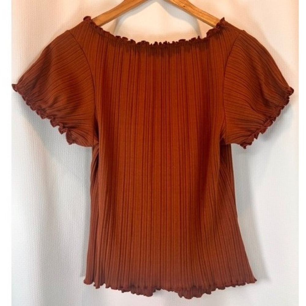Haute Fox 1X Plus Rust Plissé Micro Pleat Ruffle Coquette Lettuce Hem Bow Top - Picture 2 of 9